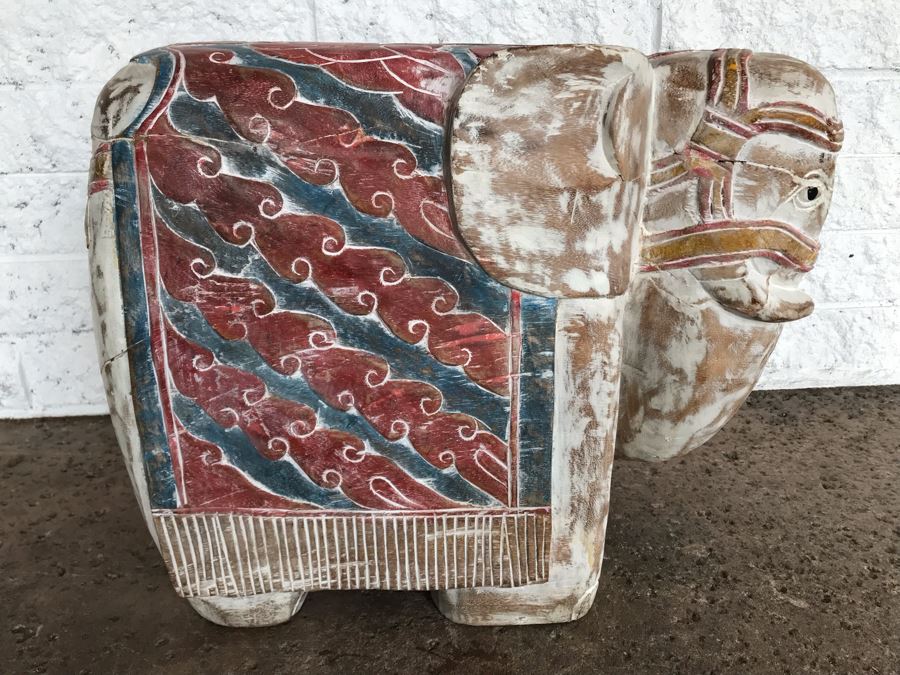Large Heavy Hand Carved Wooden Painted Elephant Stool Seat [Photo 9]