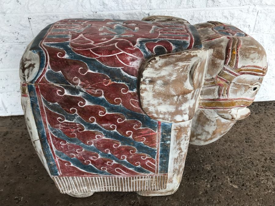 Large Heavy Hand Carved Wooden Painted Elephant Stool Seat [Photo 10]