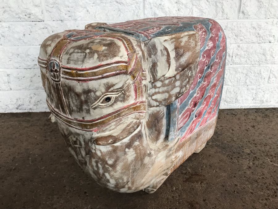 Large Heavy Hand Carved Wooden Painted Elephant Stool Seat [Photo 7]