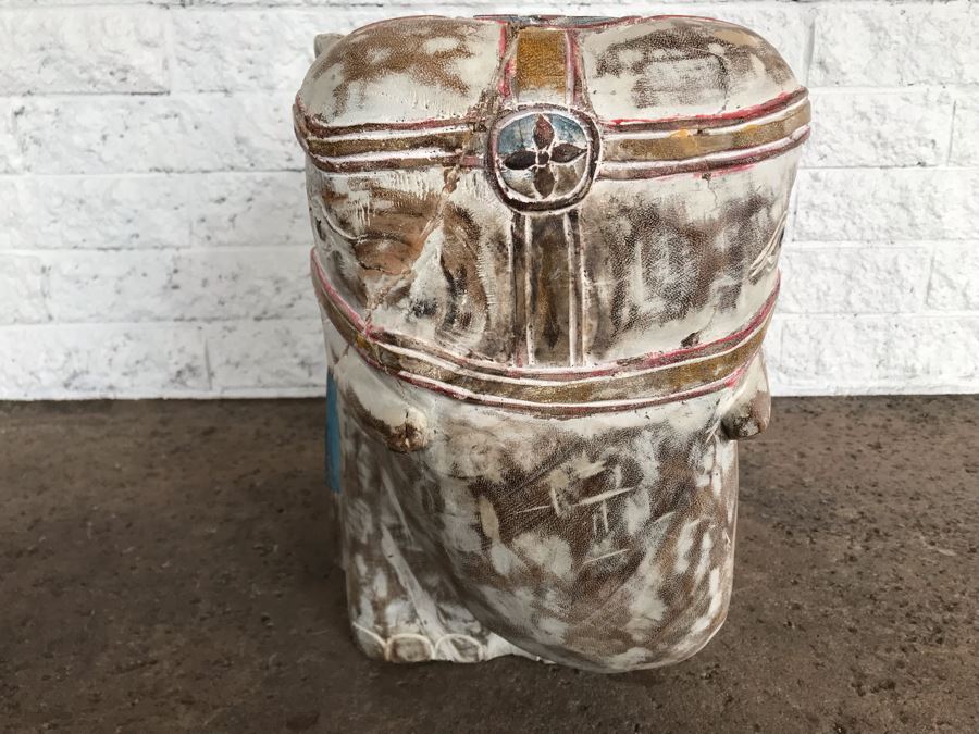 Large Heavy Hand Carved Wooden Painted Elephant Stool Seat [Photo 8]