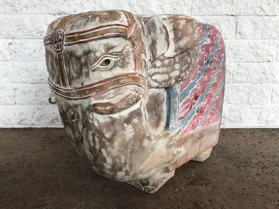 Large Heavy Hand Carved Wooden Painted Elephant Stool Seat [Photo 6]