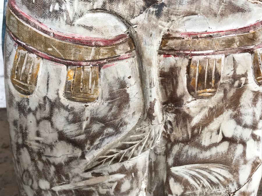 Large Heavy Hand Carved Wooden Painted Elephant Stool Seat [Photo 13]