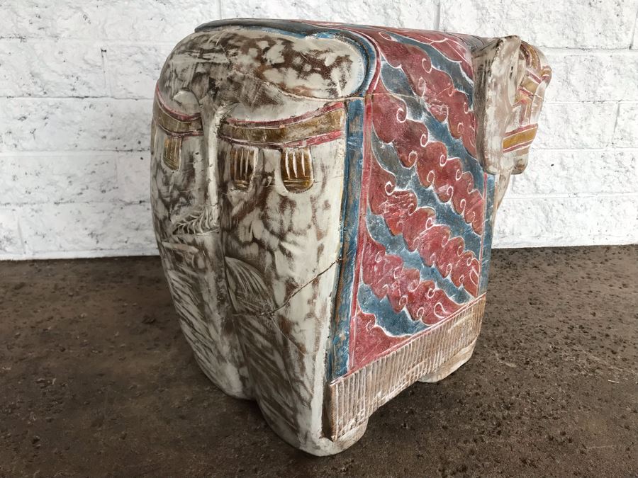 Large Heavy Hand Carved Wooden Painted Elephant Stool Seat [Photo 11]