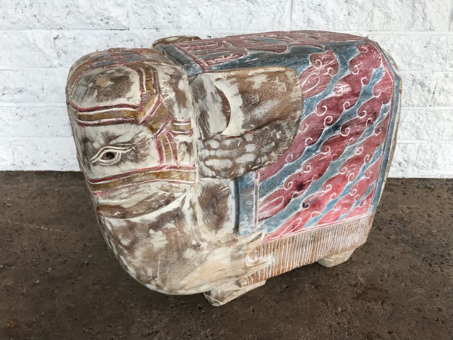 Large Heavy Hand Carved Wooden Painted Elephant Stool Seat [Photo 3]