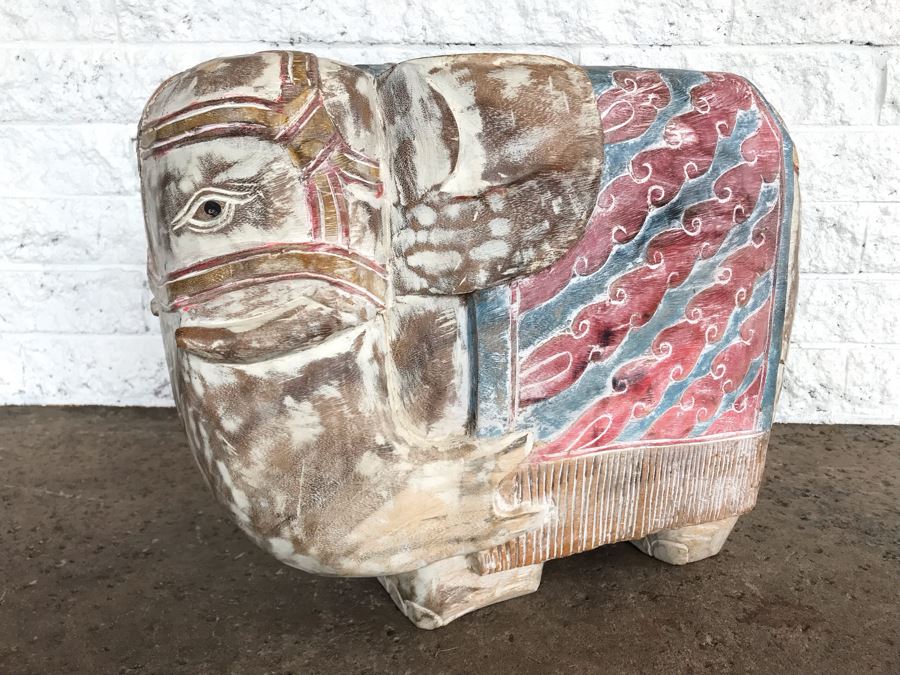 Large Heavy Hand Carved Wooden Painted Elephant Stool Seat