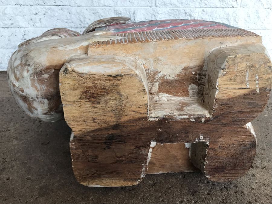 Large Heavy Hand Carved Wooden Painted Elephant Stool Seat [Photo 16]