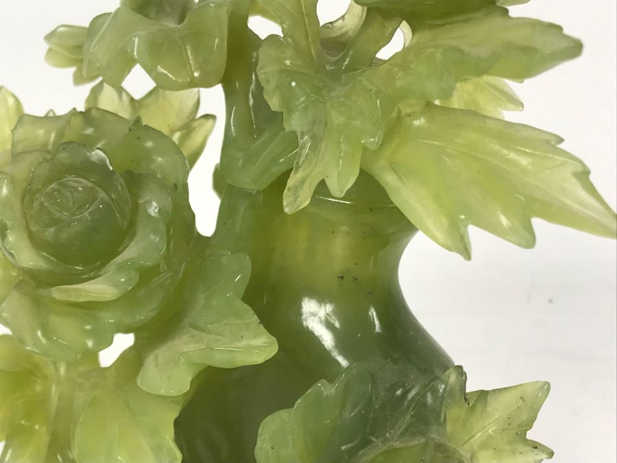 Chinese Green Nephrite Jade Lidded Relief Carved Vase Floral Motif Signed 7W X 4.5D X 7H [Photo 19]