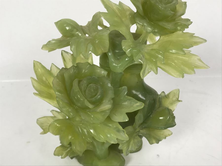 Chinese Green Nephrite Jade Lidded Relief Carved Vase Floral Motif Signed 7W X 4.5D X 7H