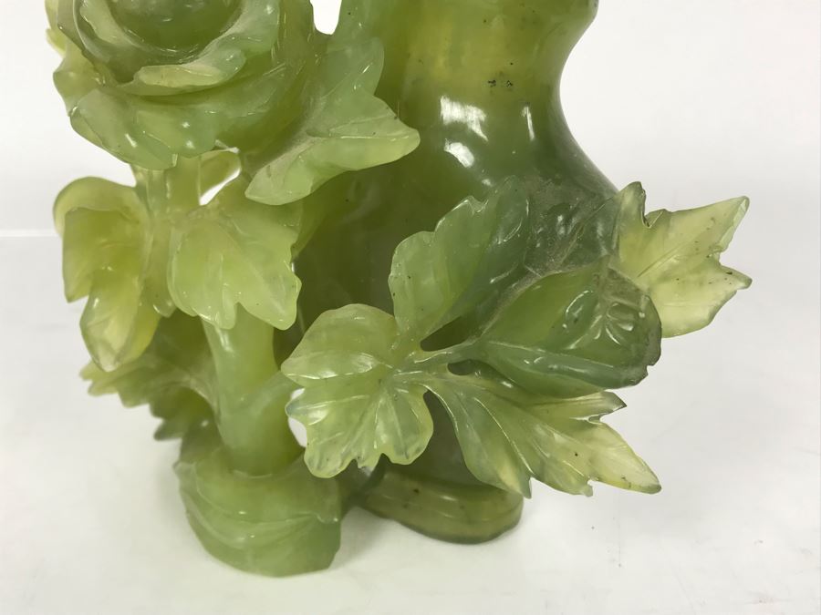 Chinese Green Nephrite Jade Lidded Relief Carved Vase Floral Motif Signed 7W X 4.5D X 7H [Photo 20]