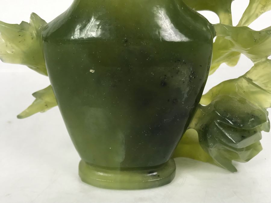 Chinese Green Nephrite Jade Lidded Relief Carved Vase Floral Motif Signed 7W X 4.5D X 7H [Photo 12]