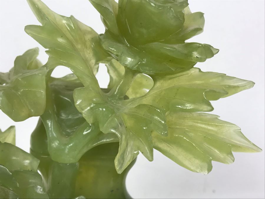 Chinese Green Nephrite Jade Lidded Relief Carved Vase Floral Motif Signed 7W X 4.5D X 7H [Photo 4]