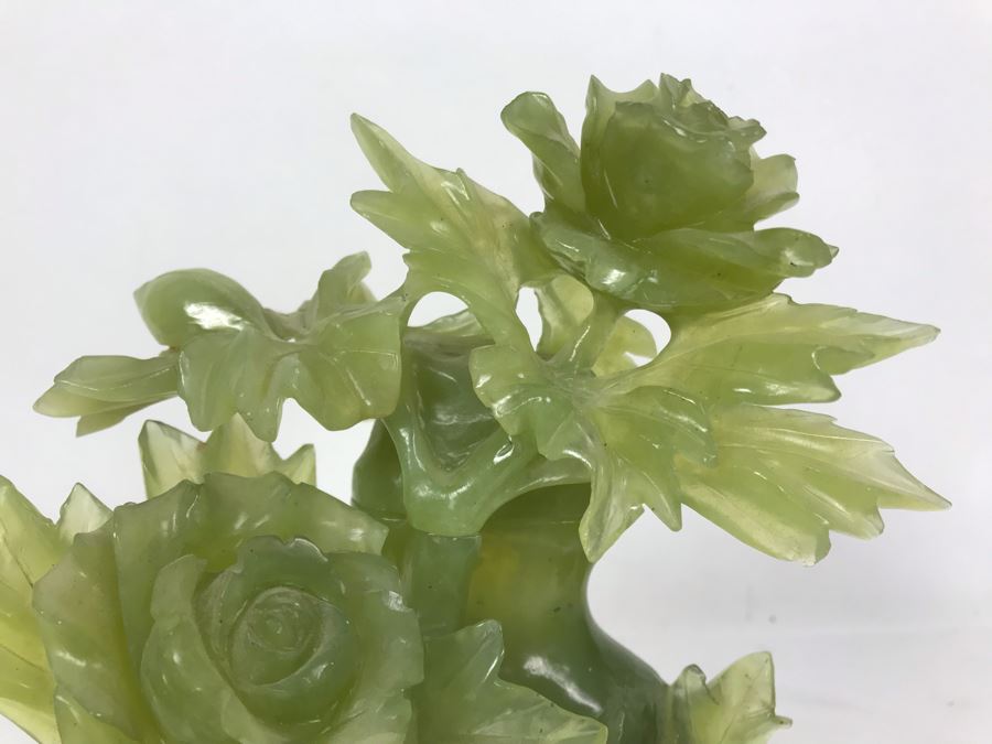 Chinese Green Nephrite Jade Lidded Relief Carved Vase Floral Motif Signed 7W X 4.5D X 7H [Photo 3]