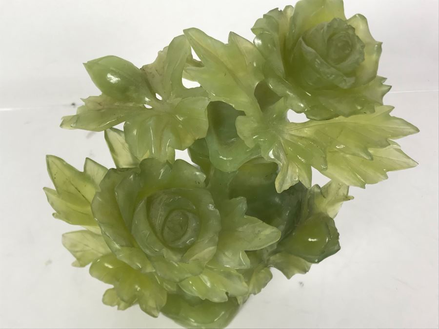 Chinese Green Nephrite Jade Lidded Relief Carved Vase Floral Motif Signed 7W X 4.5D X 7H [Photo 6]