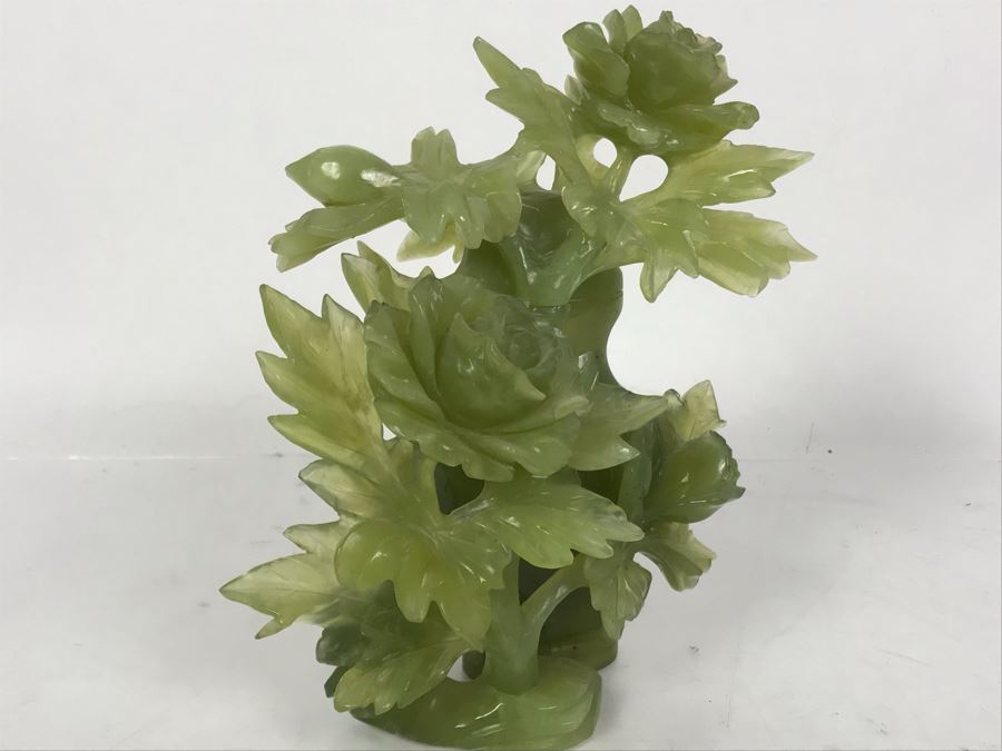 Chinese Green Nephrite Jade Lidded Relief Carved Vase Floral Motif Signed 7W X 4.5D X 7H [Photo 9]