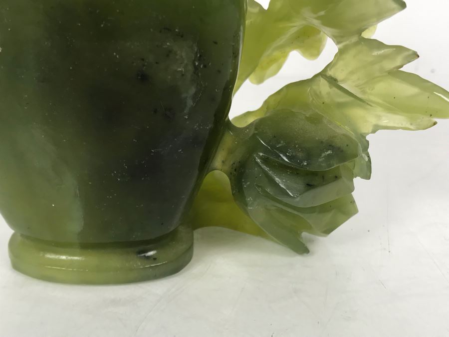 Chinese Green Nephrite Jade Lidded Relief Carved Vase Floral Motif Signed 7W X 4.5D X 7H [Photo 13]