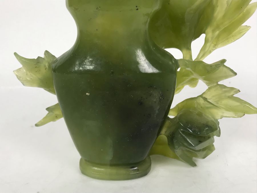 Chinese Green Nephrite Jade Lidded Relief Carved Vase Floral Motif Signed 7W X 4.5D X 7H [Photo 11]