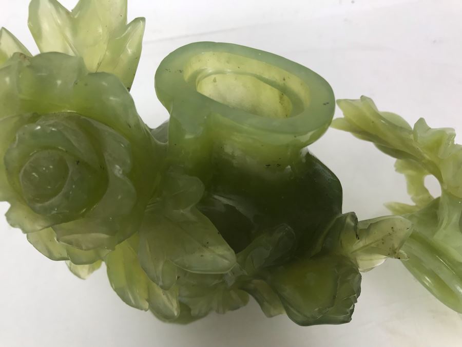 Chinese Green Nephrite Jade Lidded Relief Carved Vase Floral Motif Signed 7W X 4.5D X 7H [Photo 22]