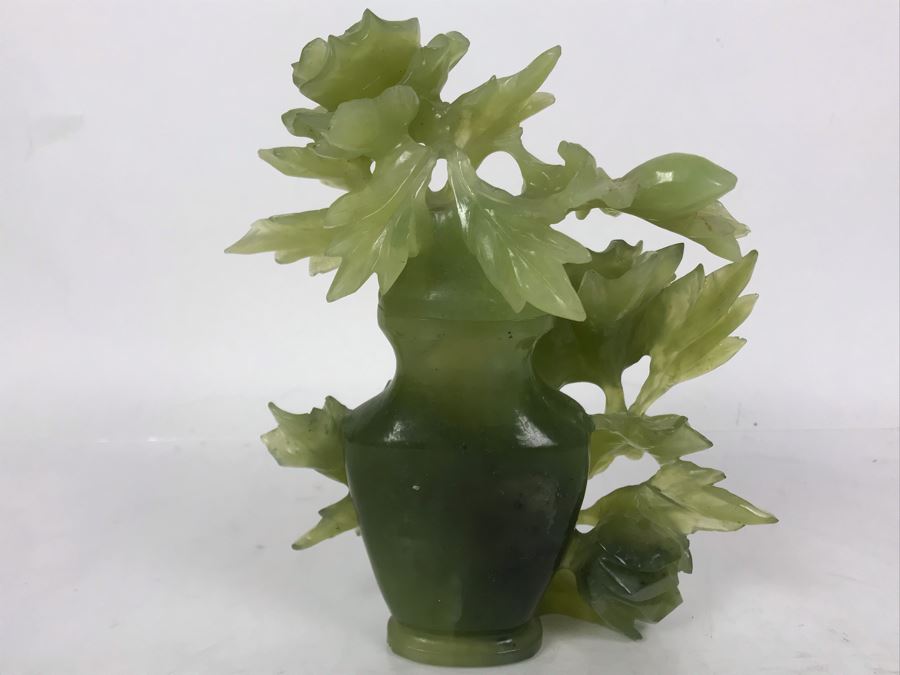 Chinese Green Nephrite Jade Lidded Relief Carved Vase Floral Motif Signed 7W X 4.5D X 7H [Photo 10]