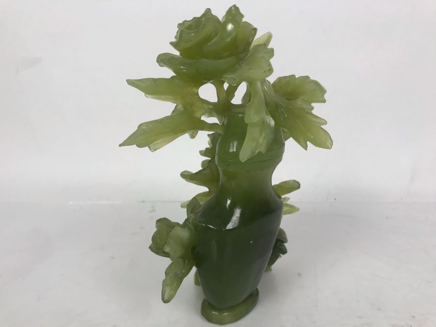 Chinese Green Nephrite Jade Lidded Relief Carved Vase Floral Motif Signed 7W X 4.5D X 7H [Photo 14]