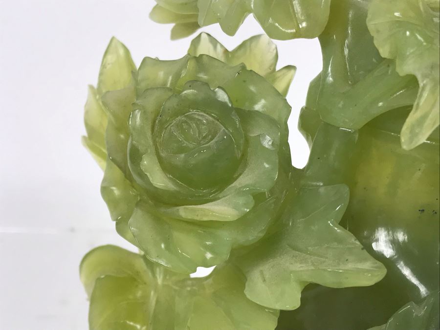 Chinese Green Nephrite Jade Lidded Relief Carved Vase Floral Motif Signed 7W X 4.5D X 7H [Photo 17]