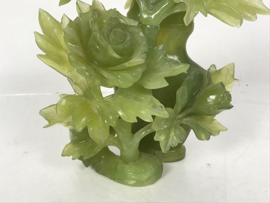 Chinese Green Nephrite Jade Lidded Relief Carved Vase Floral Motif Signed 7W X 4.5D X 7H [Photo 8]