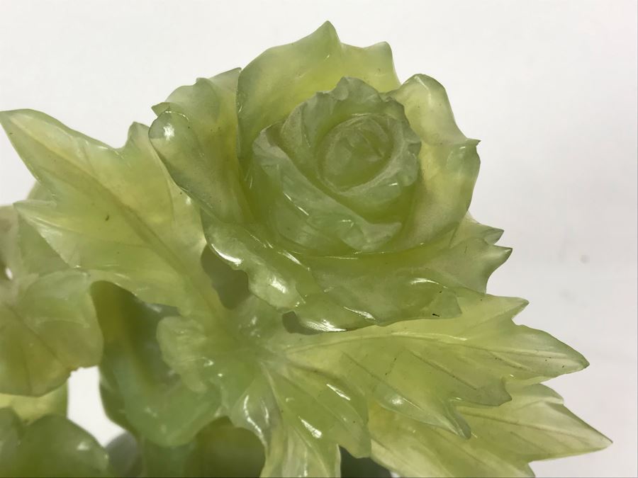 Chinese Green Nephrite Jade Lidded Relief Carved Vase Floral Motif Signed 7W X 4.5D X 7H [Photo 5]