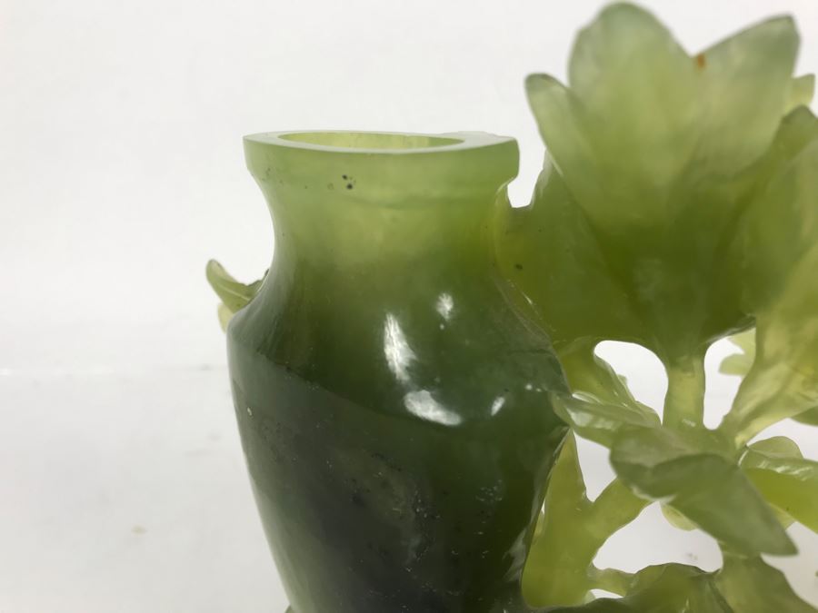 Chinese Green Nephrite Jade Lidded Relief Carved Vase Floral Motif Signed 7W X 4.5D X 7H [Photo 23]