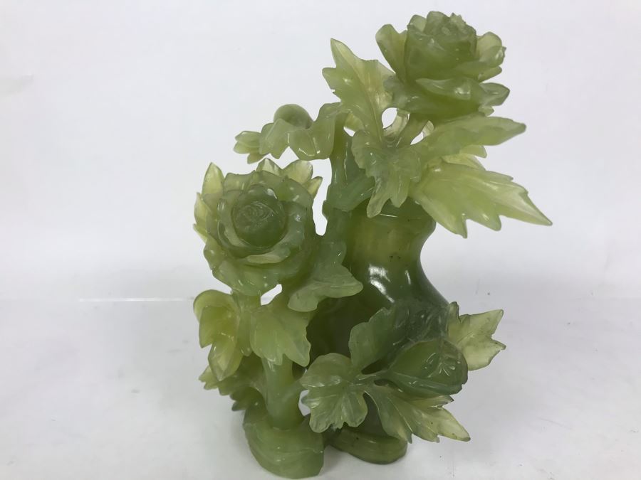 Chinese Green Nephrite Jade Lidded Relief Carved Vase Floral Motif Signed 7W X 4.5D X 7H [Photo 16]