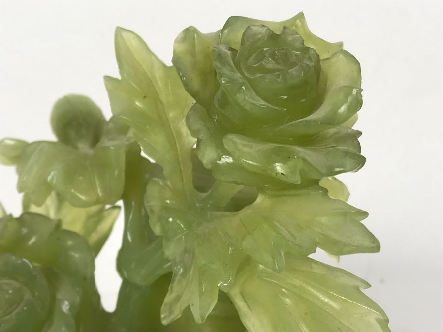 Chinese Green Nephrite Jade Lidded Relief Carved Vase Floral Motif Signed 7W X 4.5D X 7H [Photo 18]