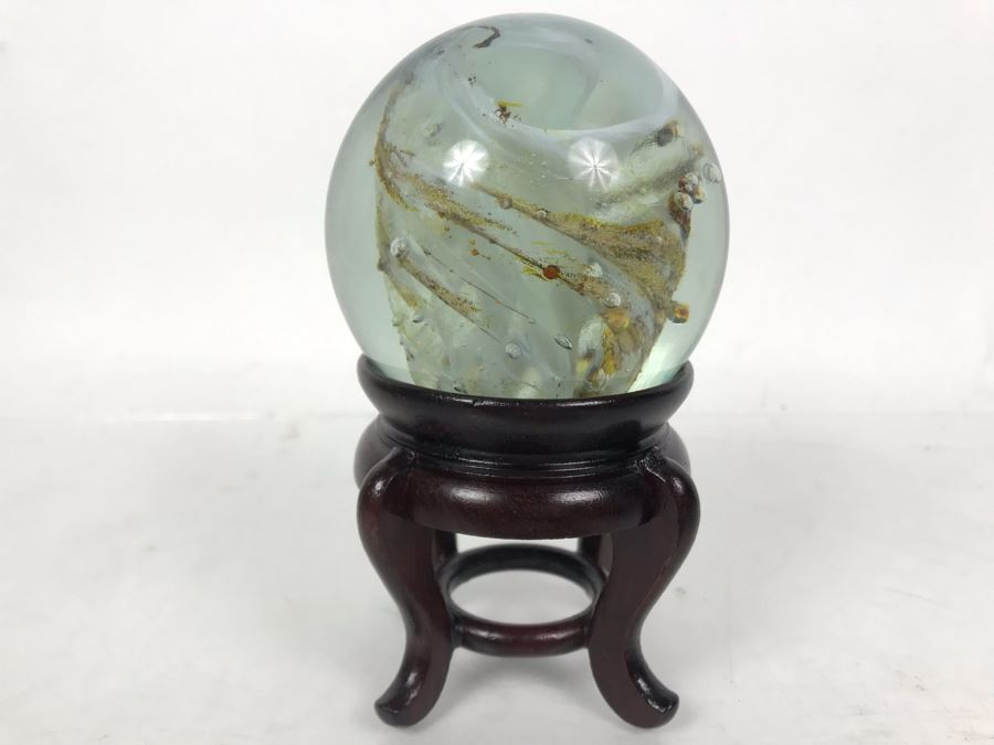 Art Glass Paperweight With Wooden Stand [Photo 1]