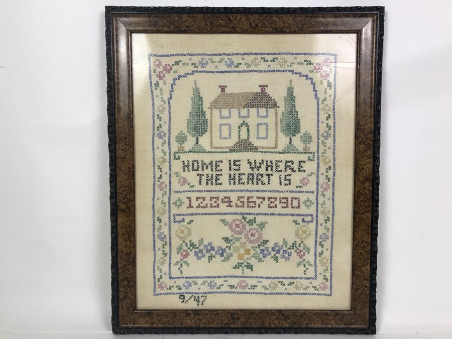 Vintage 1947 Needlepoint Sampler Home Is Where The Heart Is 15 X 18 [Photo 1]