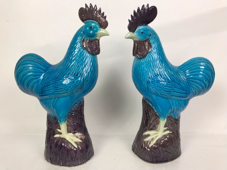 Pair Of Majolica Pottery Roster Figures 16H (One Has Slight Chip In Beak) [Photo 2]
