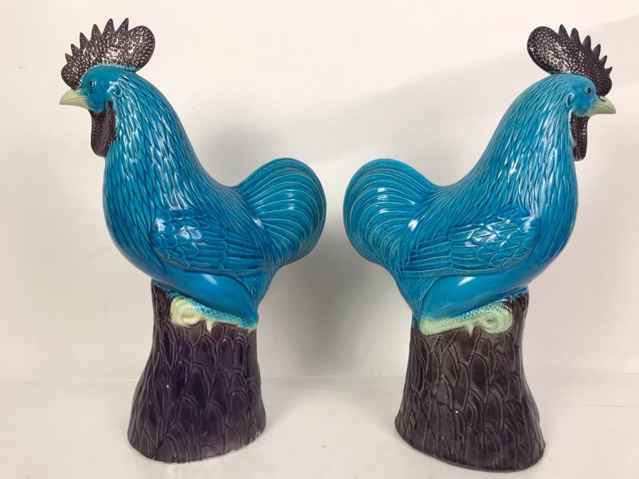 Pair Of Majolica Pottery Roster Figures 16H (One Has Slight Chip In Beak) [Photo 7]