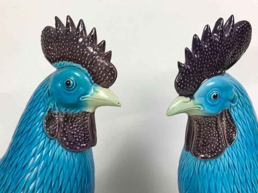 Pair Of Majolica Pottery Roster Figures 16H (One Has Slight Chip In Beak) [Photo 4]