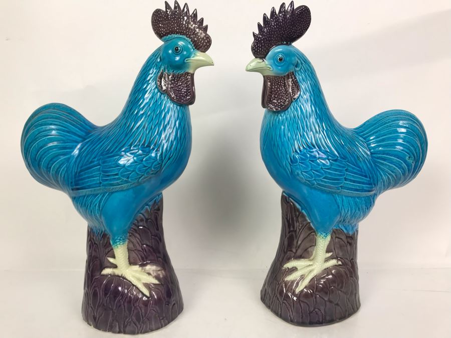 Pair Of Majolica Pottery Roster Figures 16H (One Has Slight Chip In Beak) [Photo 3]