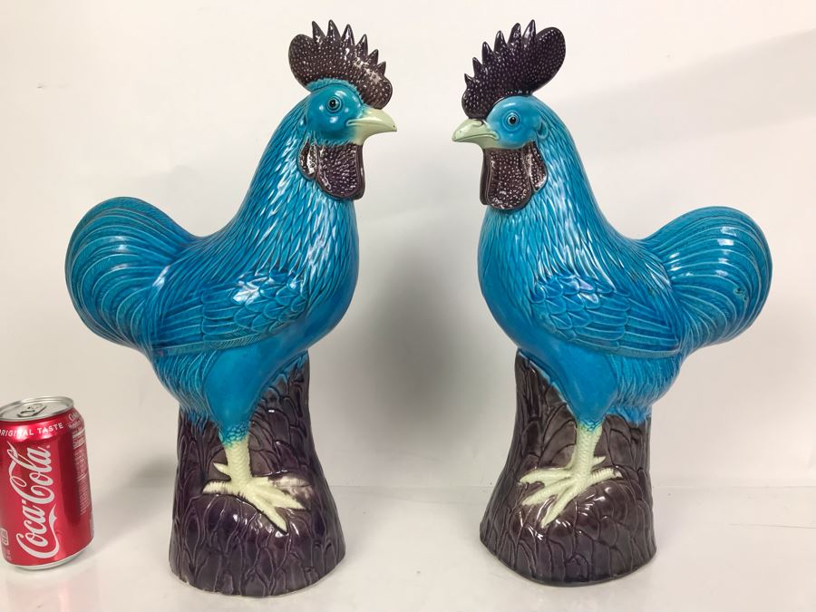 Pair Of Majolica Pottery Roster Figures 16H (One Has Slight Chip In Beak) [Photo 1]