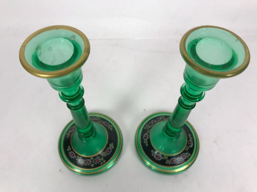 Pair Of Victorian Green Glass Candlesticks 7H [Photo 4]