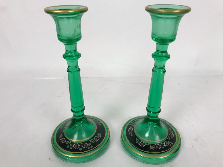 Pair Of Victorian Green Glass Candlesticks 7H [Photo 2]