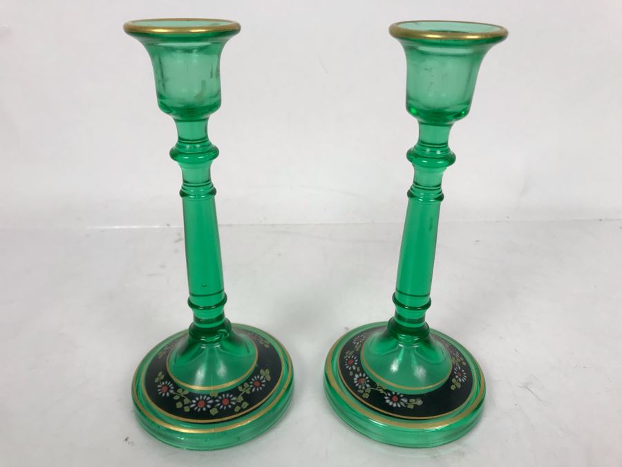 Pair Of Victorian Green Glass Candlesticks 7H [Photo 1]
