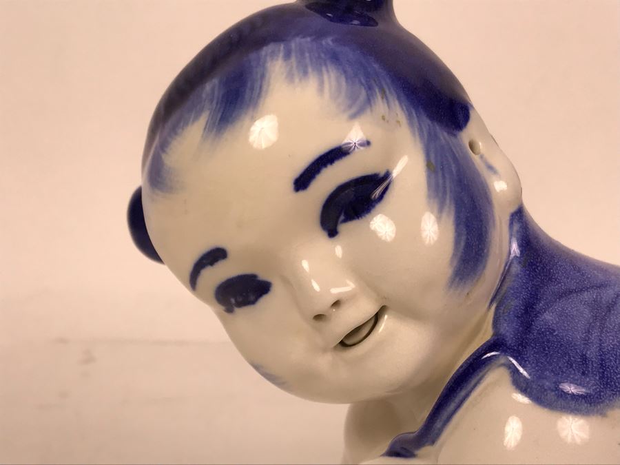Signed Chinese Blue And White Porcelain Pillow Baby Figure 9W X 4D X 6.5H [Photo 3]