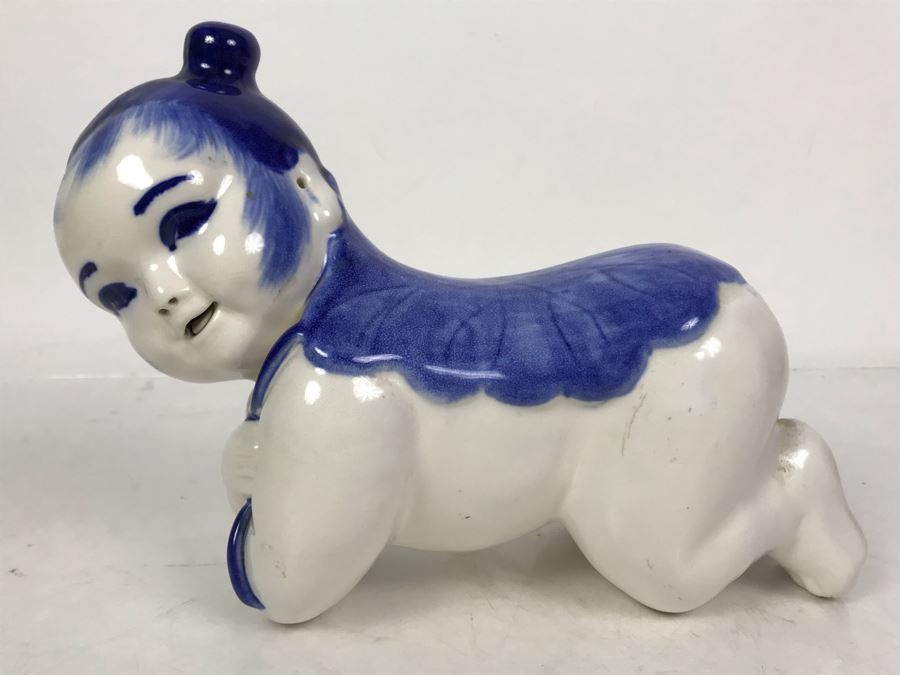 Signed Chinese Blue And White Porcelain Pillow Baby Figure 9W X 4D X 6.5H