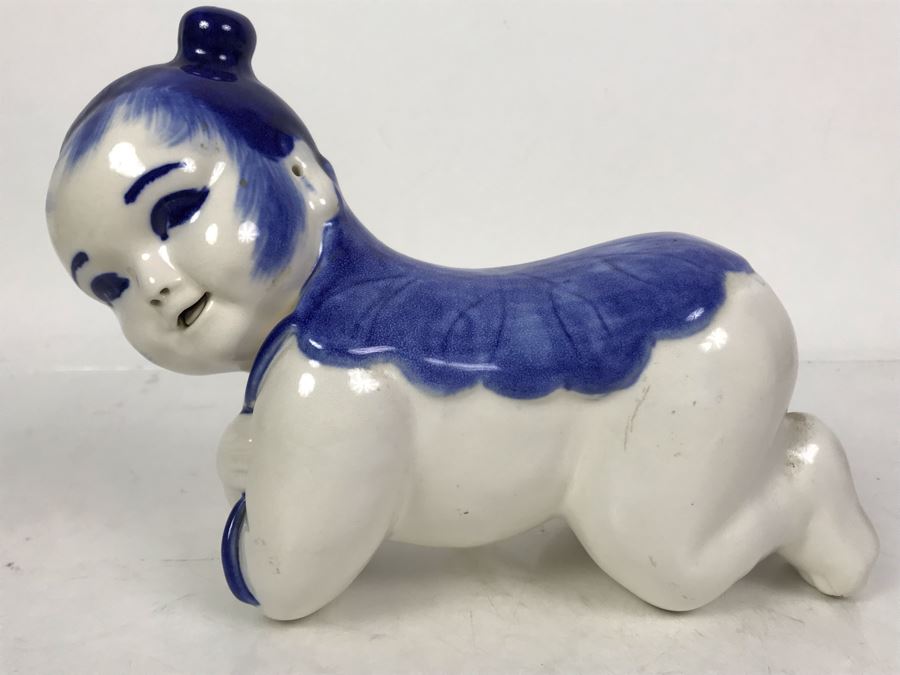 Signed Chinese Blue And White Porcelain Pillow Baby Figure 9W X 4D X 6.5H [Photo 2]