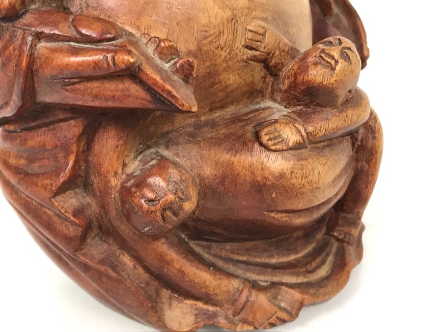 Carved Wooden Asian Buddha Figure 4.5H X 4W X 3D [Photo 7]