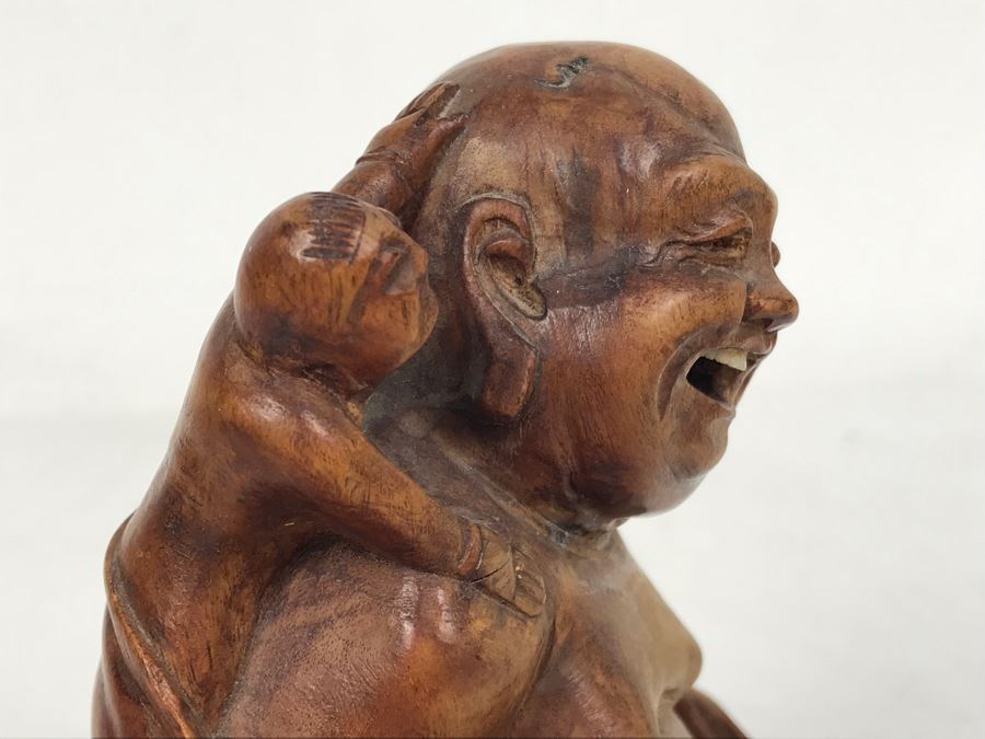 Carved Wooden Asian Buddha Figure 4.5H X 4W X 3D [Photo 5]