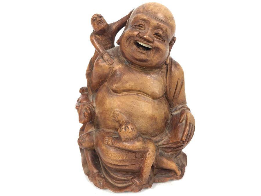 Carved Wooden Asian Buddha Figure 4.5H X 4W X 3D