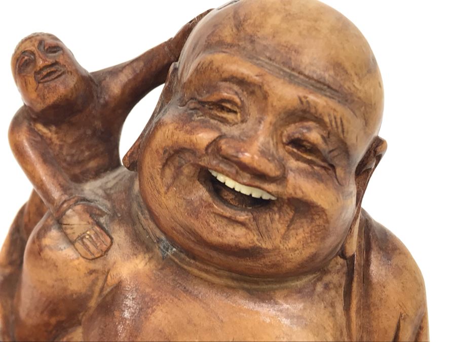Carved Wooden Asian Buddha Figure 4.5H X 4W X 3D [Photo 3]
