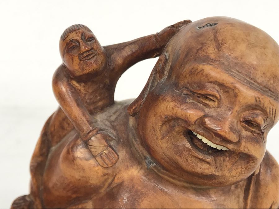 Carved Wooden Asian Buddha Figure 4.5H X 4W X 3D [Photo 4]