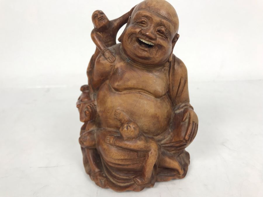 Carved Wooden Asian Buddha Figure 4.5H X 4W X 3D [Photo 2]