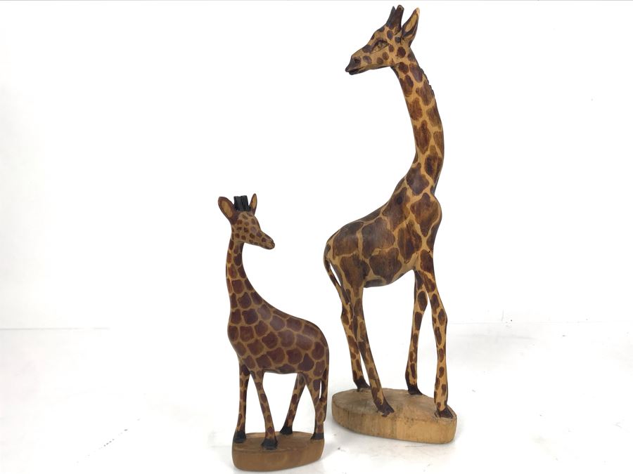 Carved Wooden Giraffe 12H With Baby Giraffe