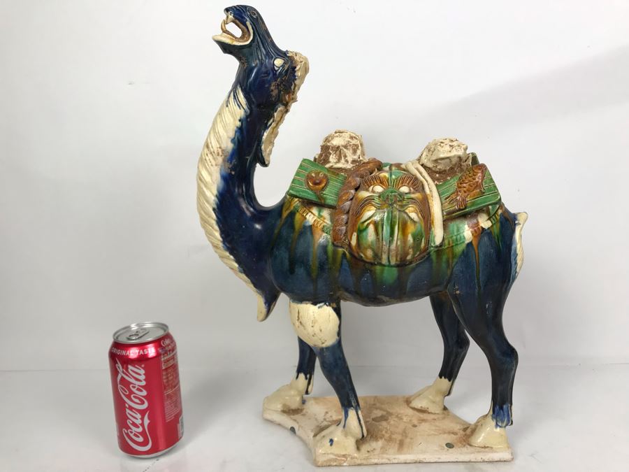Large Asian Camel Majolica Pottery 13W X 7D X 17H